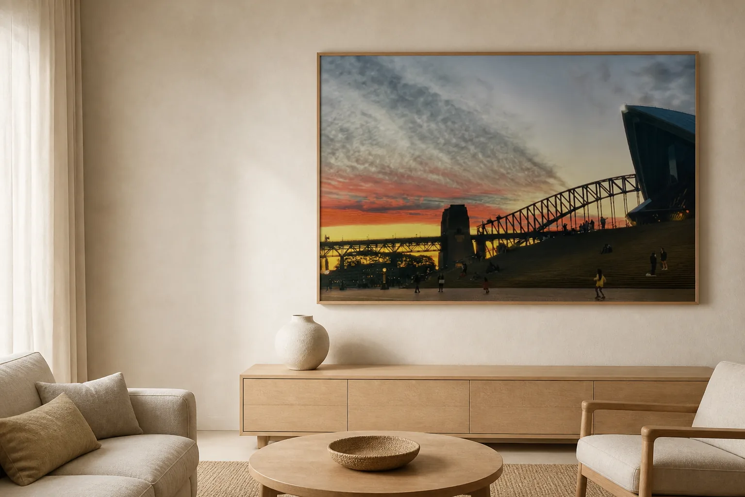 A Frameout Sydney Harbour photograph displayed in a warm contemporary living room